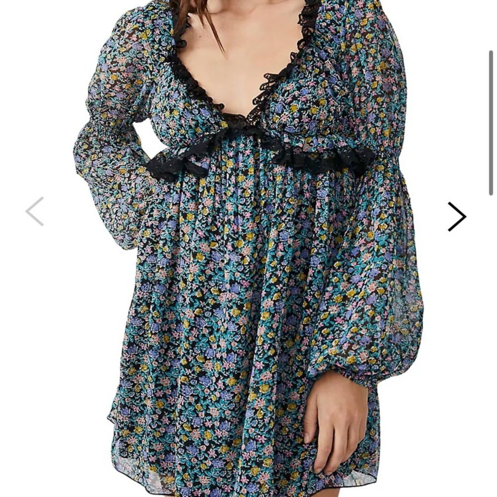 Free People Floral Babydoll Dress in Black with Blue, Purple & Yellow Flowers
